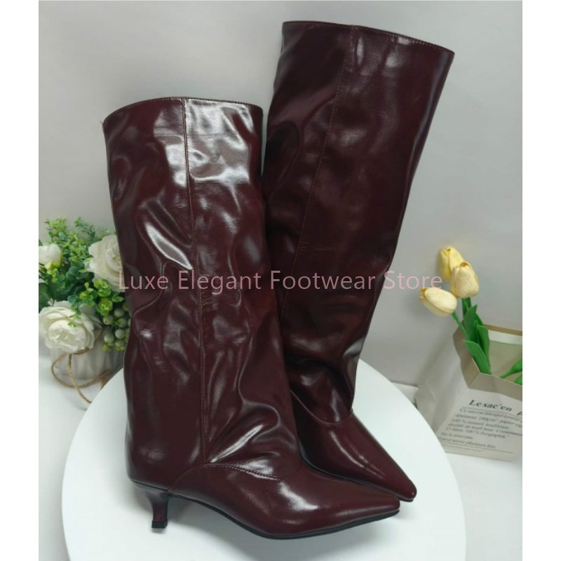 Street Fashion Lady - Burgundy Pointed Toe Kitten Heel Knee