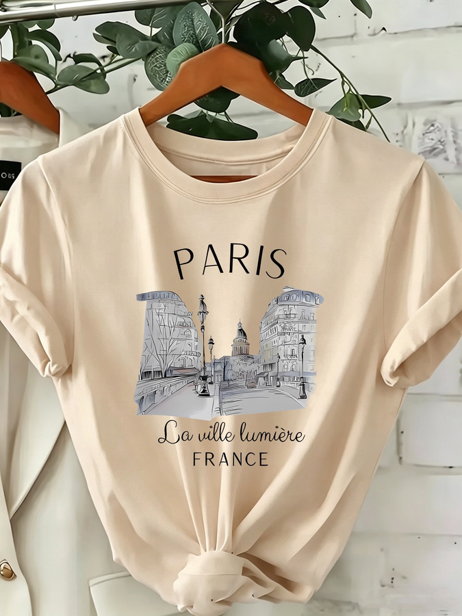Street Fashion Paris 2025 Trends - Women's Paris Print Crew Neck T-Shirt