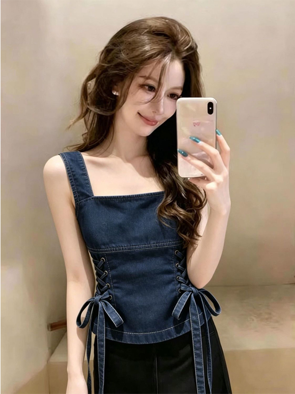 Street Fashion Vest - Blue Denim Strap Vest Women's Fashion